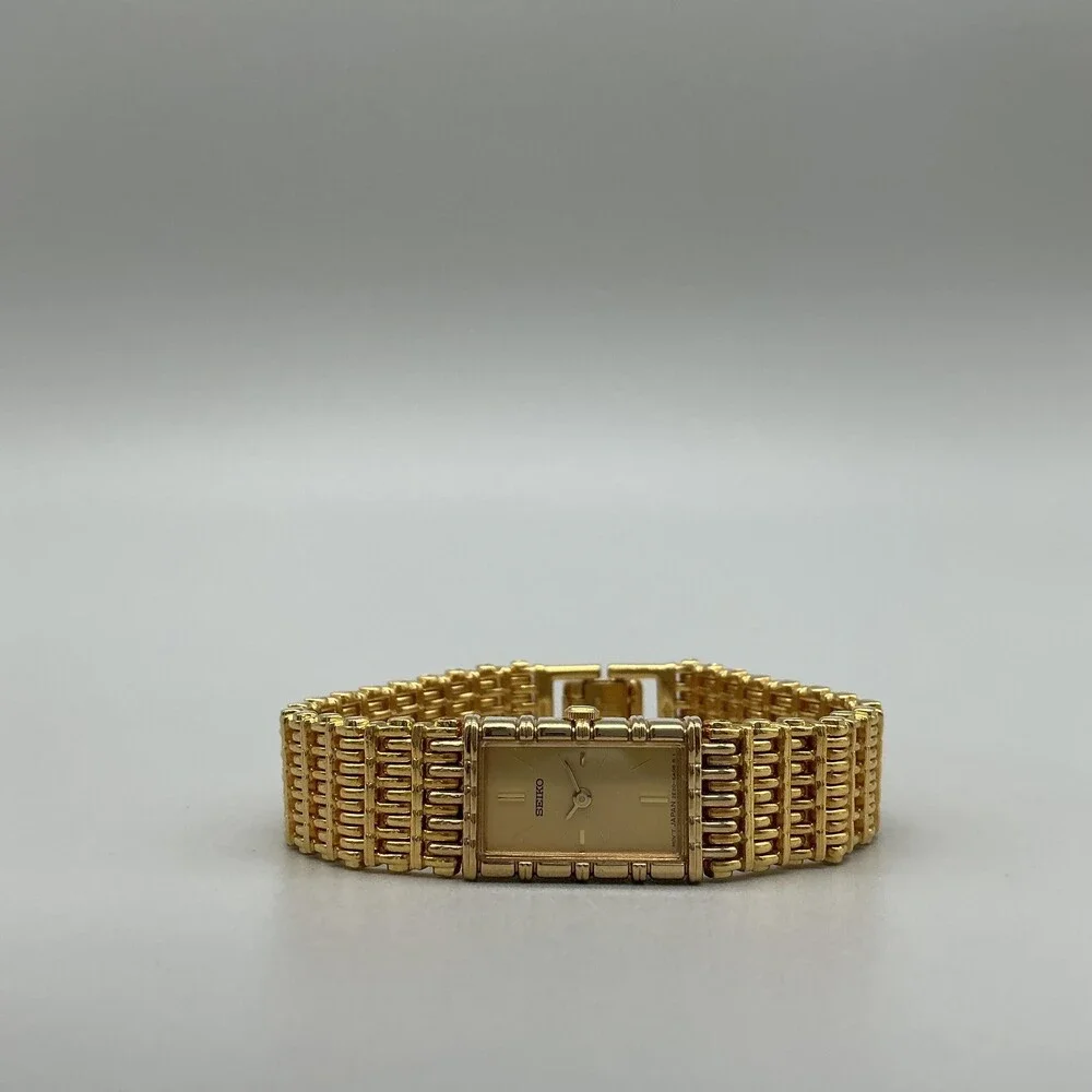 Vintage Seiko 5E20-5A00 Womens Watch 13mm Gold Dial Gold Tone Bracelet 6.25